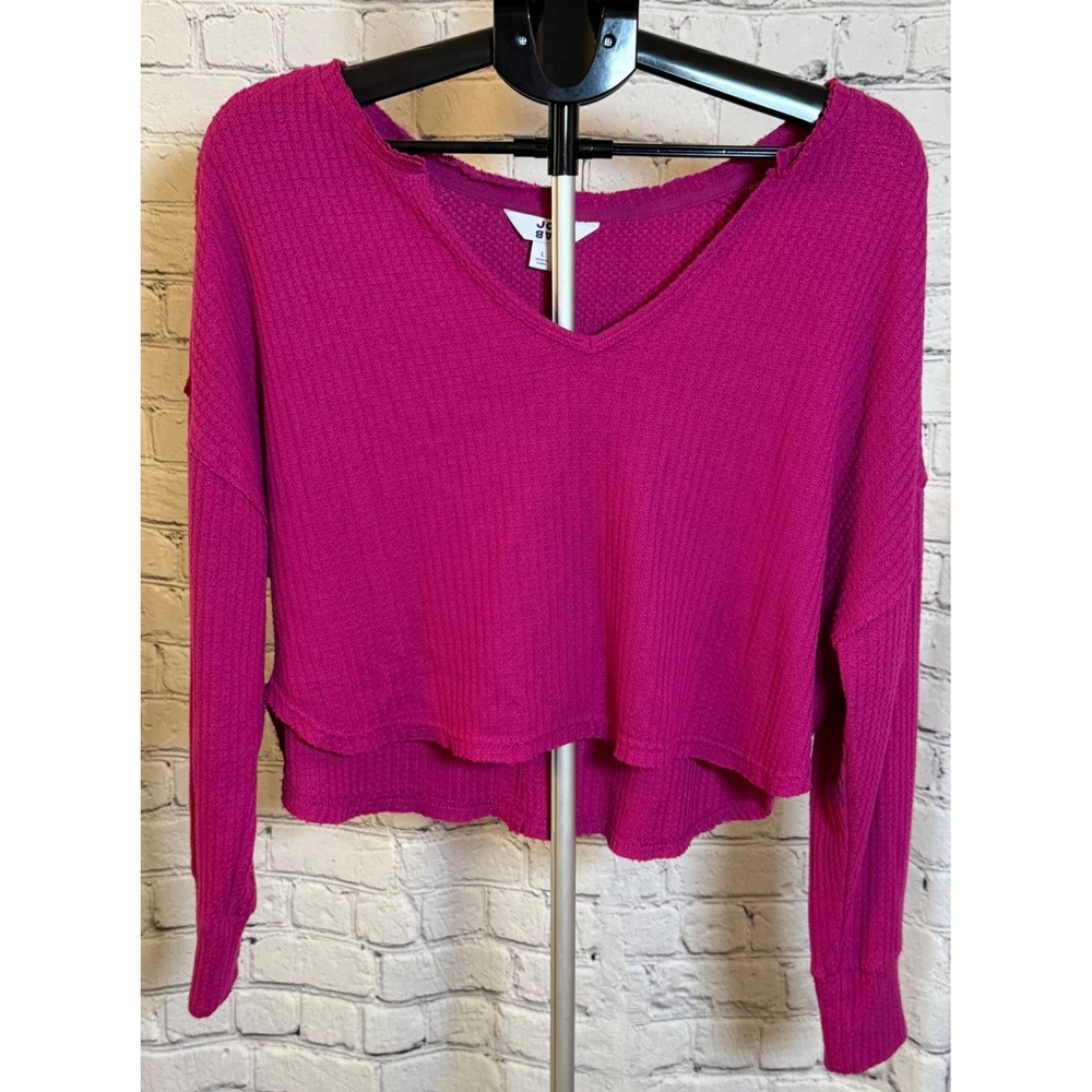 JoyLab Womens Magenta Pink Waffle Knit V-Neck Cropped Long Sleeve Top Large